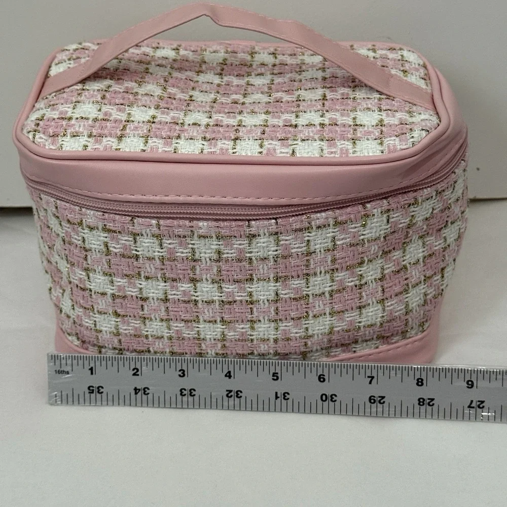 Ulta‎ Makeup Cosmetic Train Case Travel Plaid Pink White Zipper Foldable Lined